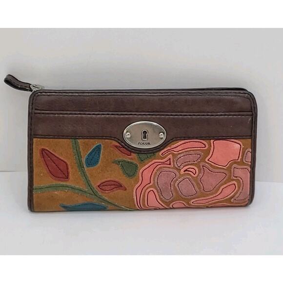 Fossil Key-Per Wallet Floral Print Zip Around Brown Leather Trim Colorful - Picture 1 of 6